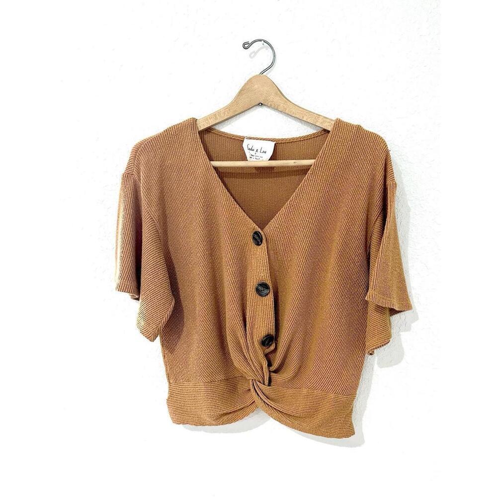 Sadie & Love Womens Cropped Blouse Burnt Orange Ribbed Knot Tie Buttons Large